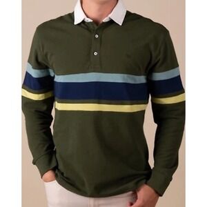 Simply Southern Rugby Shirt Mens Olive Green Striped Long Sleeve Cotton Polo